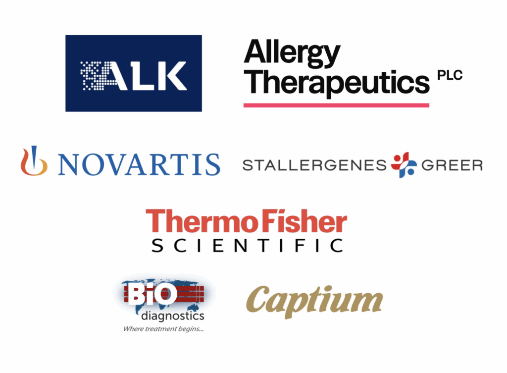 Logos for ALK-Abello, Allergy Therapeutics, Novartis, Stallergenes Greer, Thermo Fisher Scientific, Bio Diagnostics, and Captium